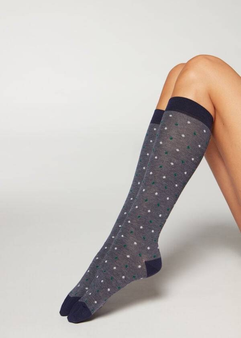 Calzedonia Dot-Pattern Long Women\'s Socks Blue | CA 1950EX