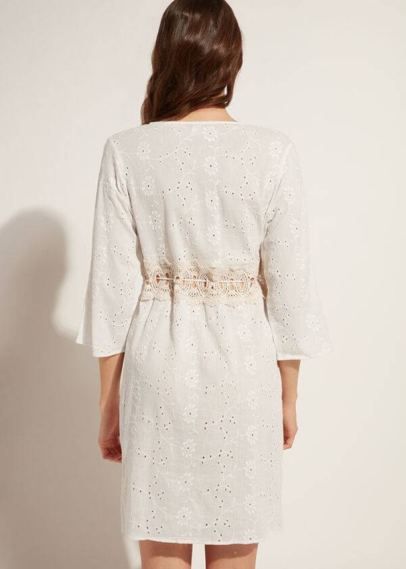 Calzedonia Dress in Sangallo Lace and Sequins Women's Cover Ups White | CA 2114AP