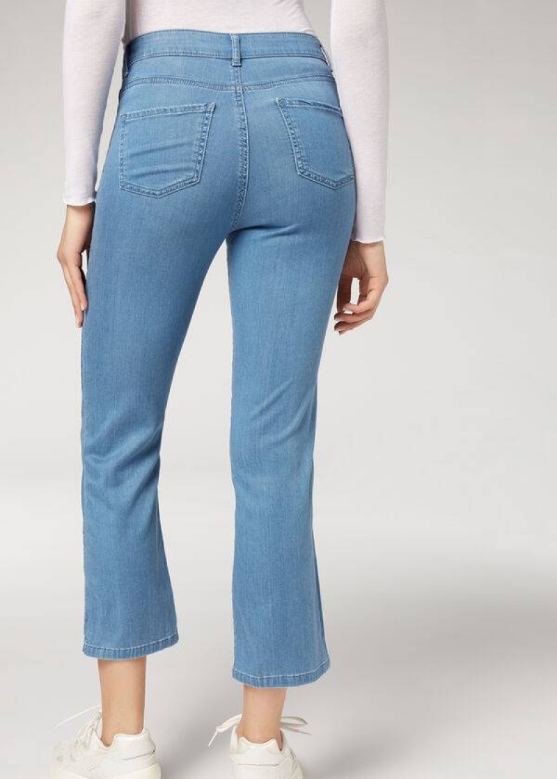 Calzedonia Eco Light Flared Cropped Denim Women's Jeans Blue | CA 1621SO