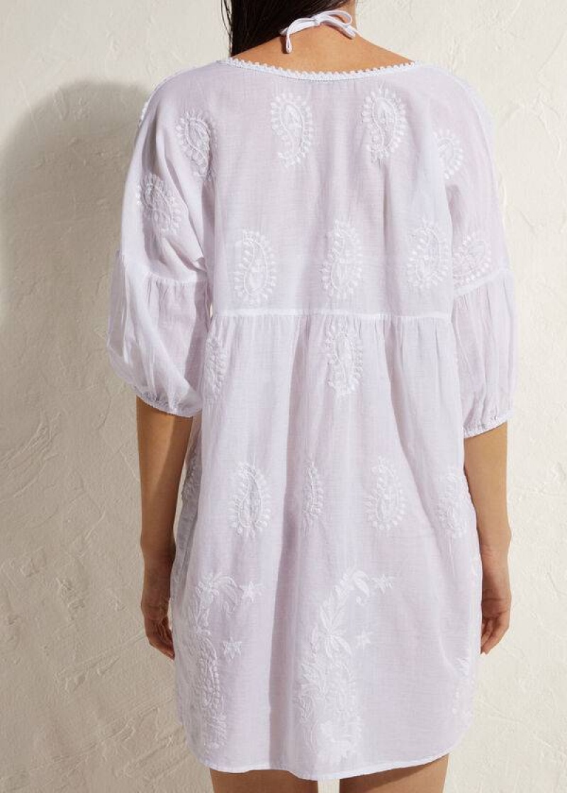 Calzedonia Embroidered Dress Women's Cover Ups White | CA 2113PQ