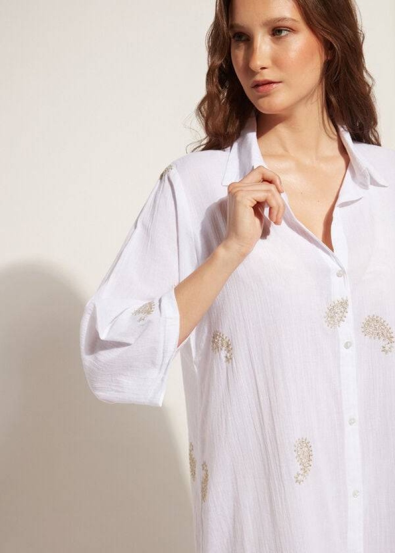 Calzedonia Embroidered Paisley Lamé Midi Shirt Women's Cover Ups White | CA 2112OR