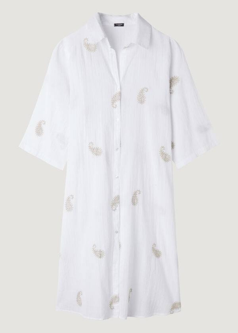 Calzedonia Embroidered Paisley Lamé Midi Shirt Women's Cover Ups White | CA 2112OR