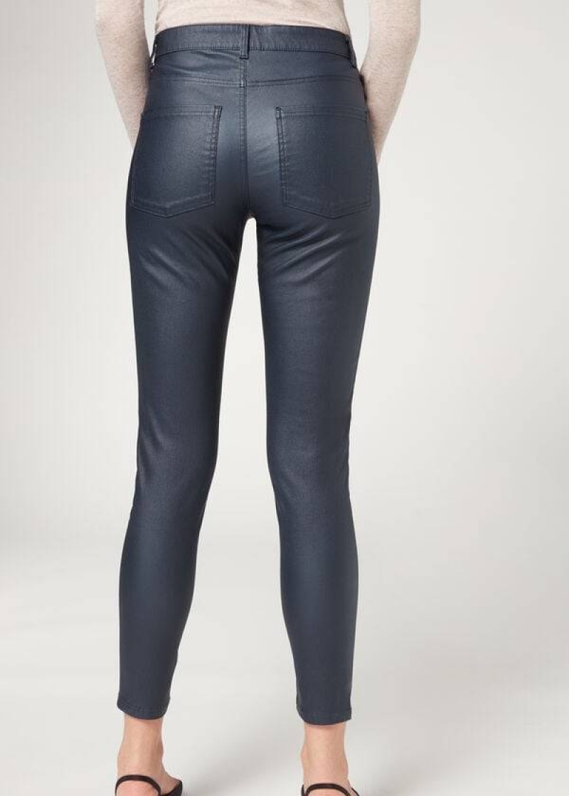 Calzedonia Faux Leather Skinny Women's Jeans Navy / Blue | CA 1600JJ