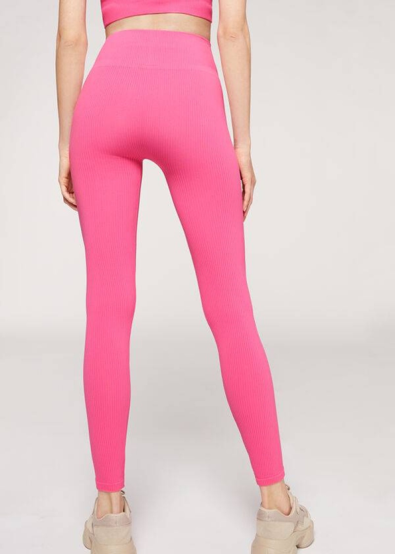 Calzedonia Fine Ribbed Seamless Sport Women's Leggings Pink | CA 1543SO