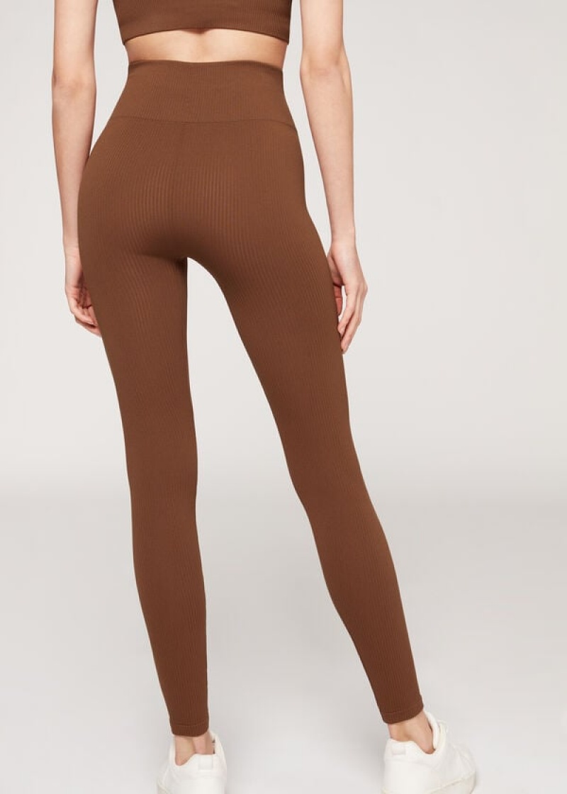 Calzedonia Fine Ribbed Seamless Sport Women's Leggings Brown | CA 1542AP