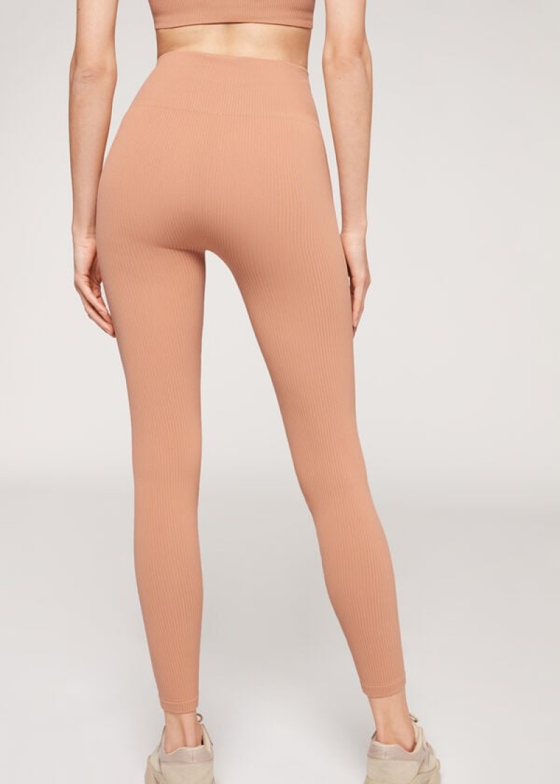 Calzedonia Fine Ribbed Seamless Sport Women's Leggings Beige | CA 1540OR