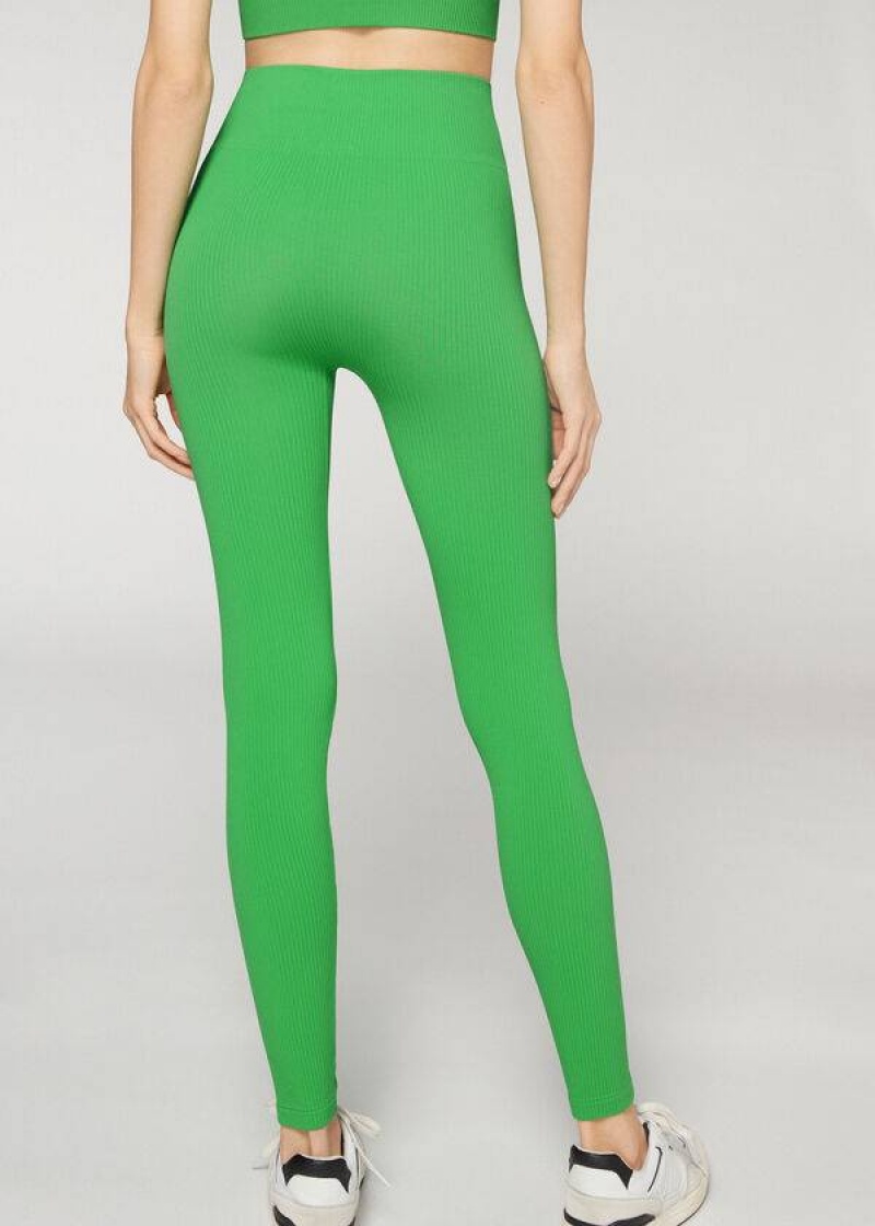 Calzedonia Fine Ribbed Seamless Sport Women's Leggings Green | CA 1539IS