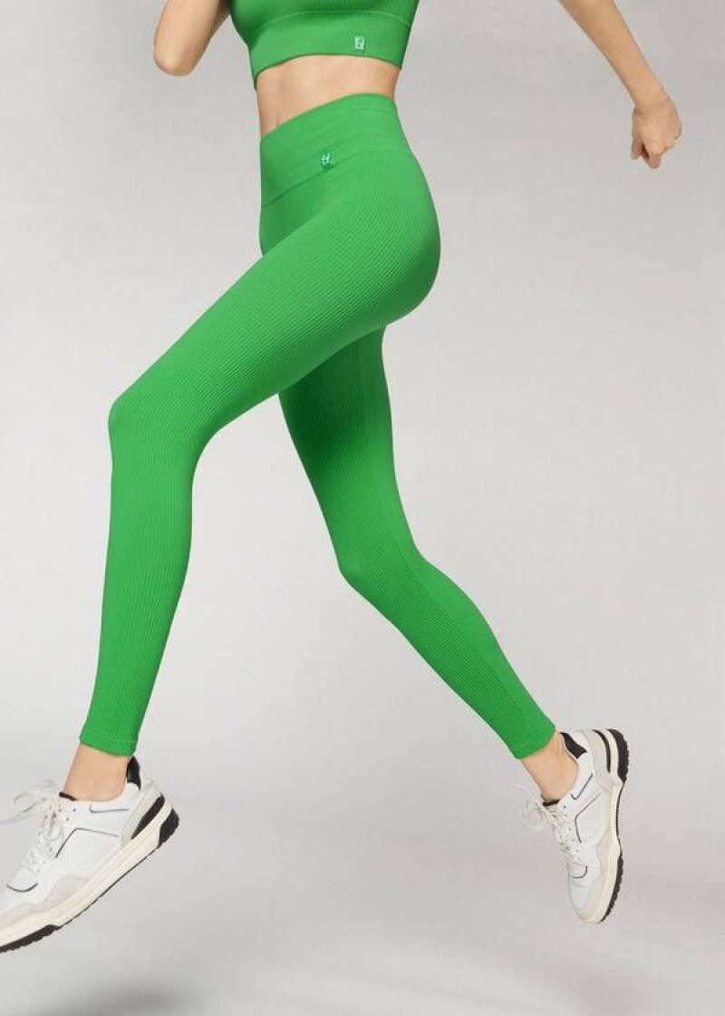 Calzedonia Fine Ribbed Seamless Sport Women's Leggings Green | CA 1539IS