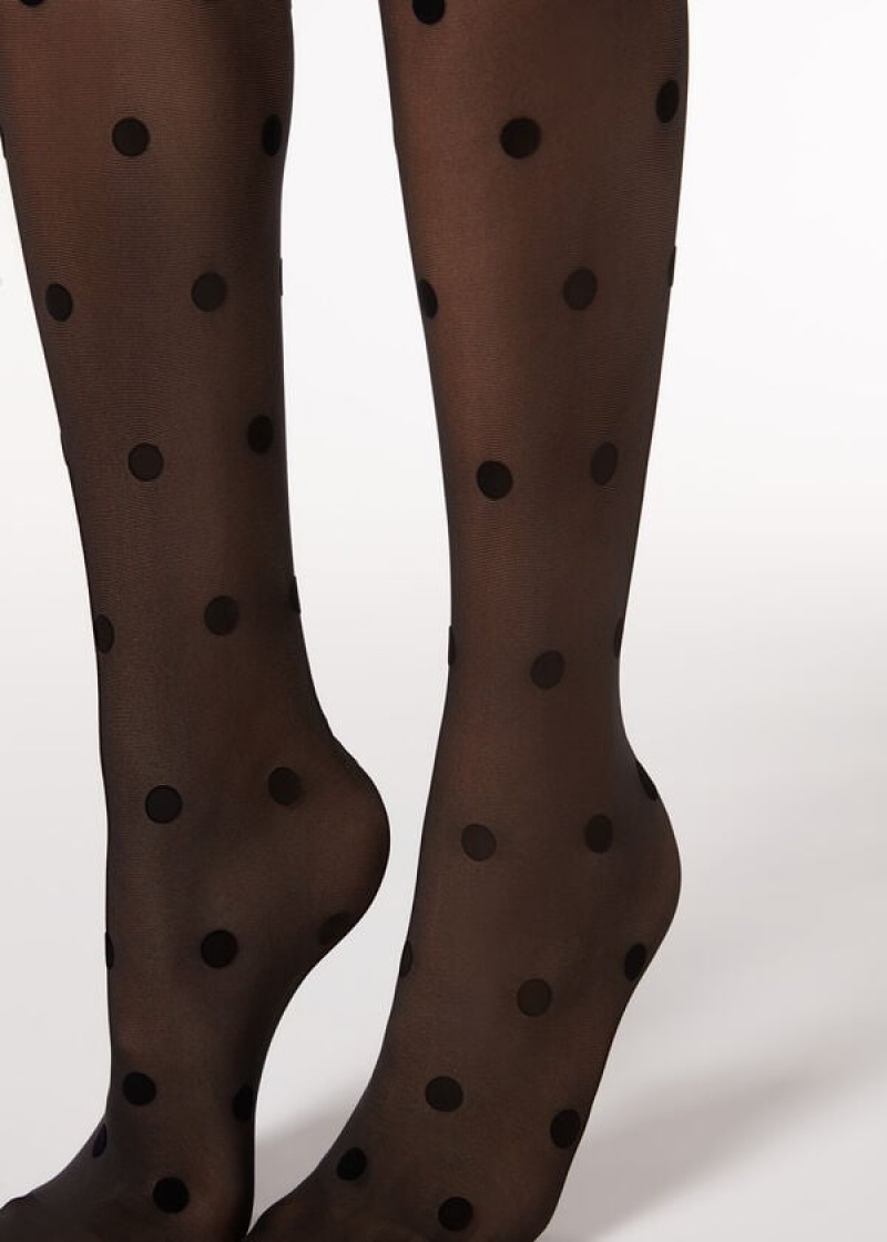 Calzedonia Flocked Dots Sheer 30 Denier Women's Tight Black | CA 2968NB