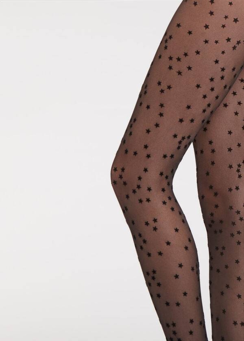 Calzedonia Flocked Stars 30 Denier Sheer Women's Tight Black | CA 2967MA