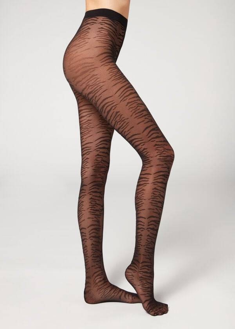 Calzedonia Flocked Tiger Text 50 Denier Patterned Women\'s Tight Black | CA 3094GL