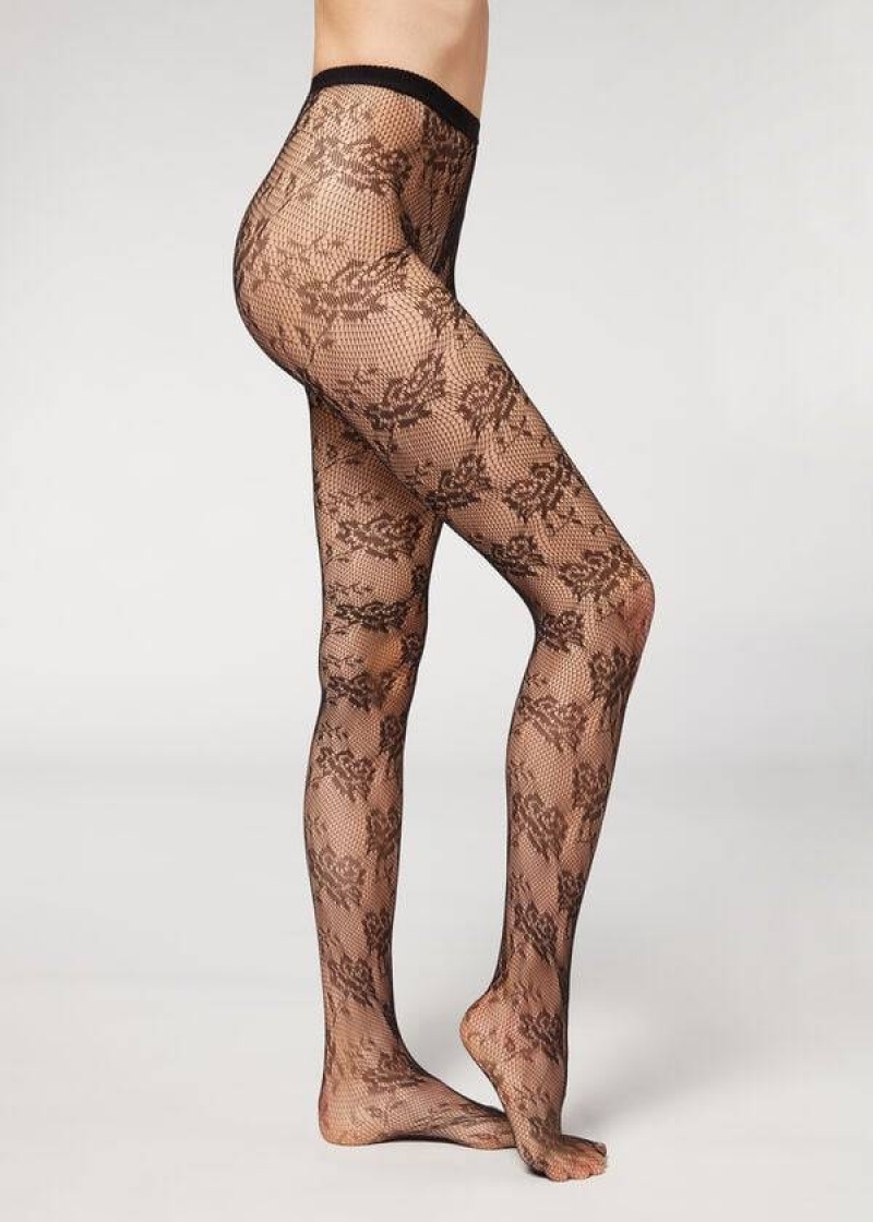 Calzedonia Floral Lace-Motif Fishnet Patterned Women\'s Tight Black | CA 3092JJ