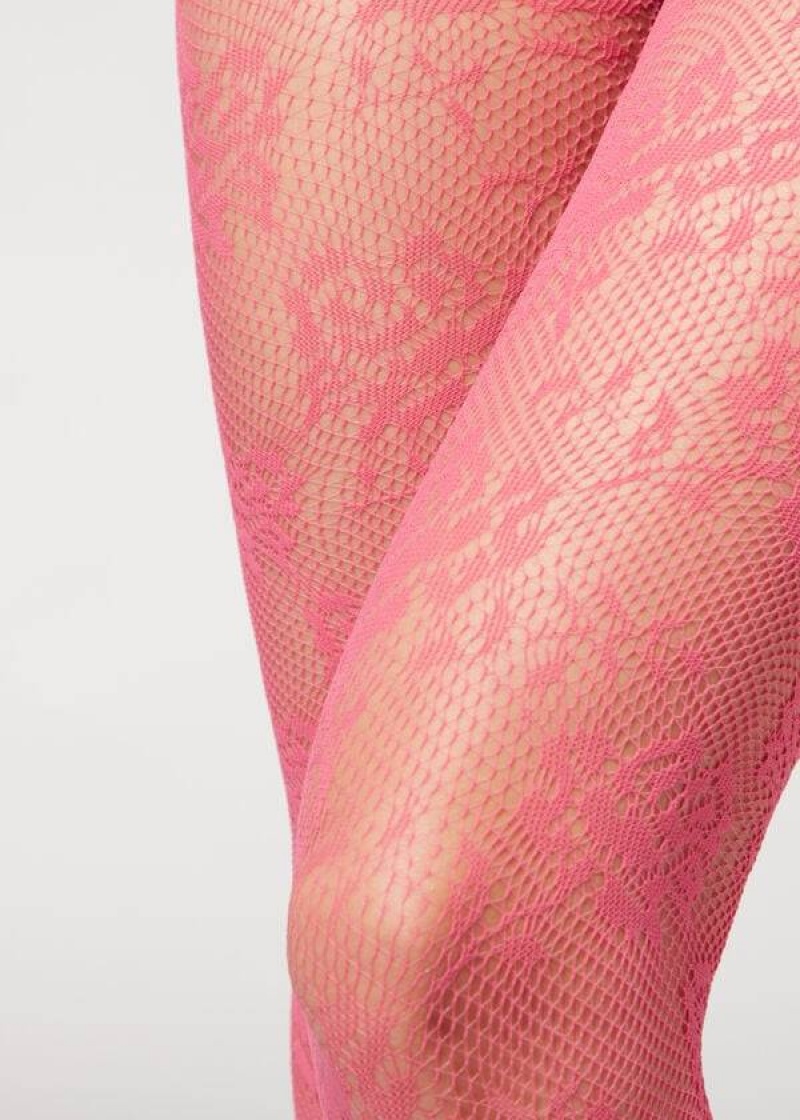 Calzedonia Floral Lace-Motif Fishnet Patterned Women's Tight Pink | CA 3091KI