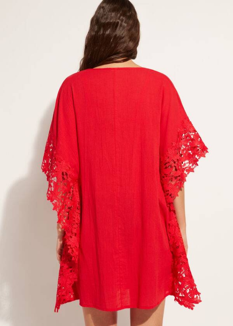 Calzedonia Floral Macramé Lace Caftan Women's Cover Ups Red | CA 2111IS