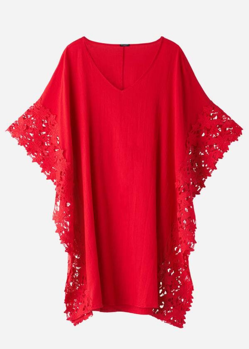 Calzedonia Floral Macramé Lace Caftan Women's Cover Ups Red | CA 2111IS