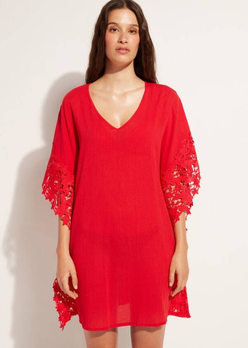 Calzedonia Floral Macramé Lace Caftan Women\'s Cover Ups Red | CA 2111IS