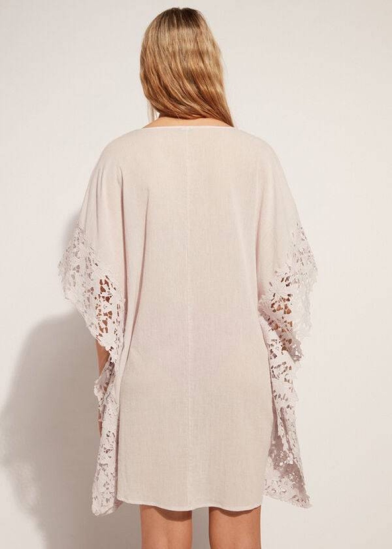 Calzedonia Floral Macramé Lace Caftan Women's Cover Ups Beige | CA 2110UT