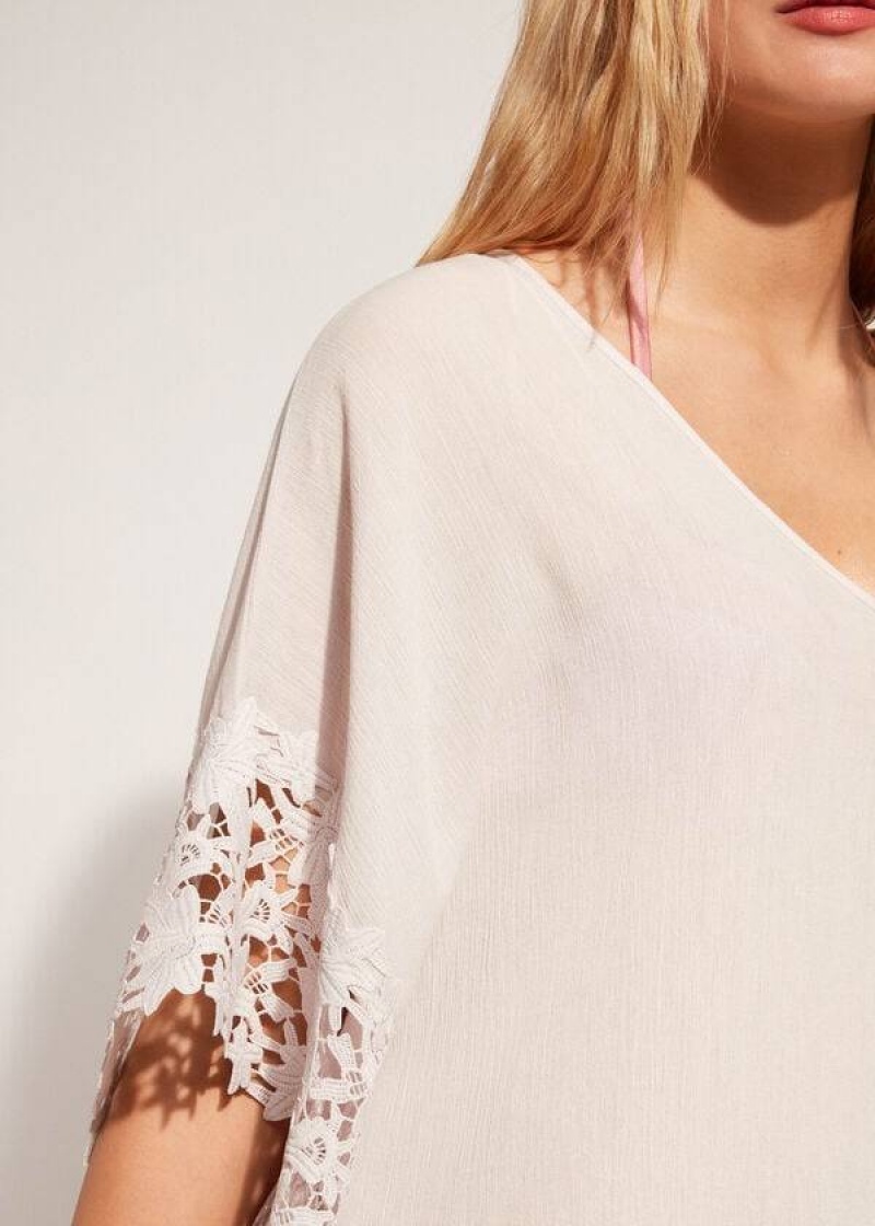 Calzedonia Floral Macramé Lace Caftan Women's Cover Ups Beige | CA 2110UT