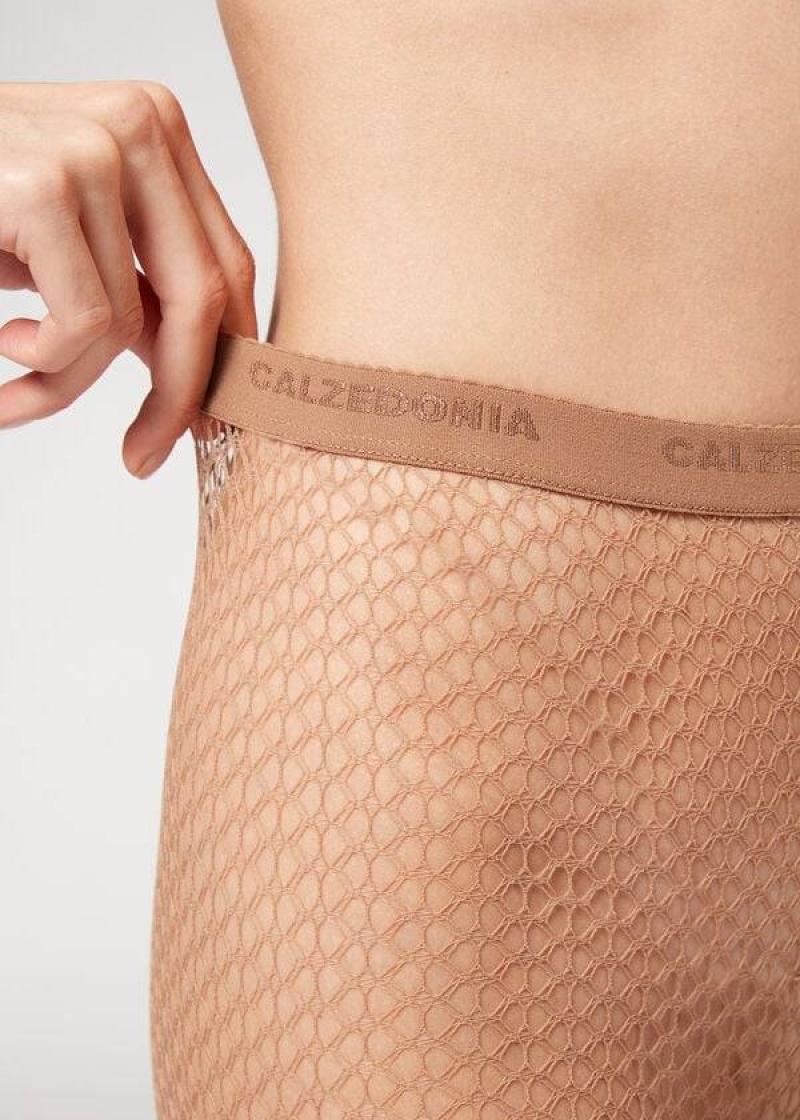 Calzedonia Geometric-Pattern Fishnet Patterned Women's Tight Beige | CA 3087CE