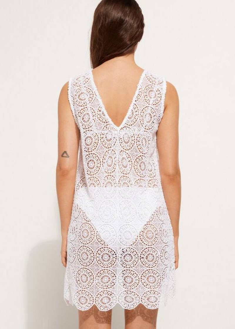 Calzedonia Geometric Crochet Dress Women's Cover Ups White | CA 2108TV