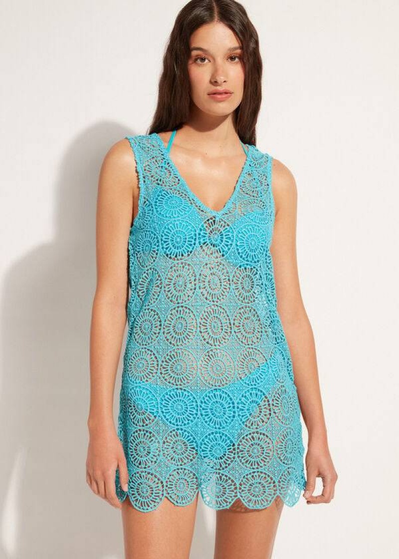 Calzedonia Geometric Crochet Dress Women\'s Cover Ups Turquoise | CA 2107RW