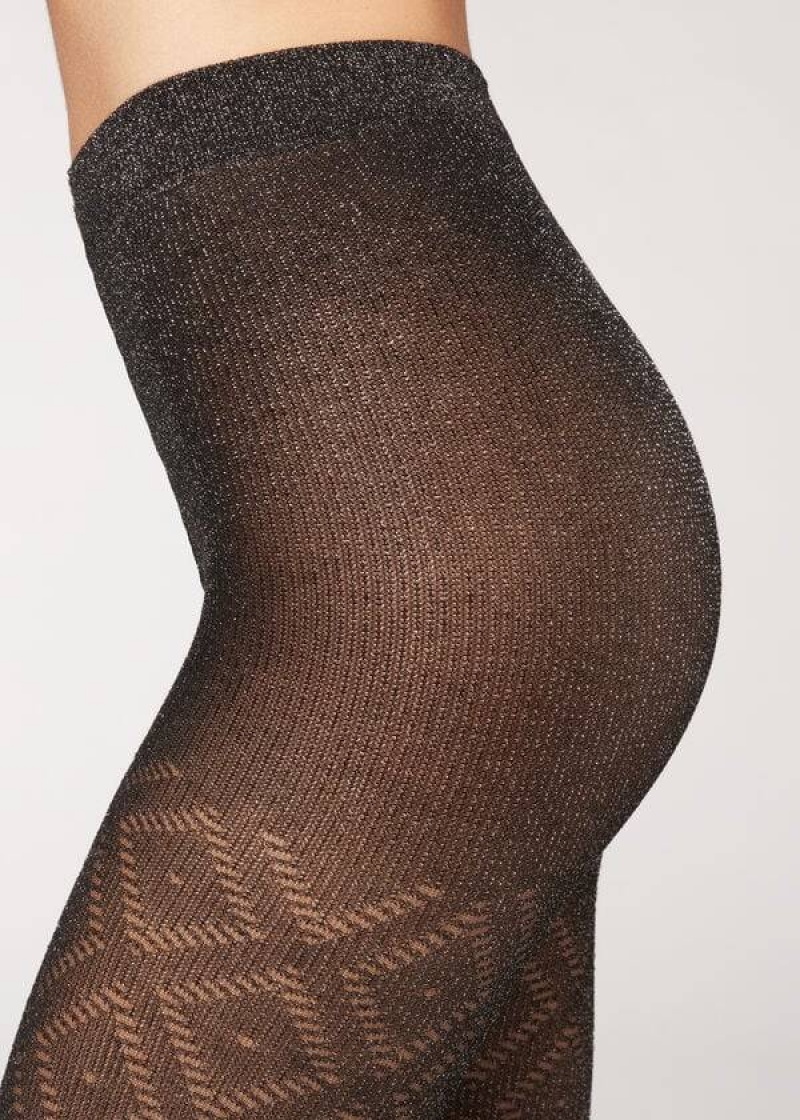 Calzedonia Glitter Diamond Pattern Patterned Women's Tight Black / Silver | CA 3084NB