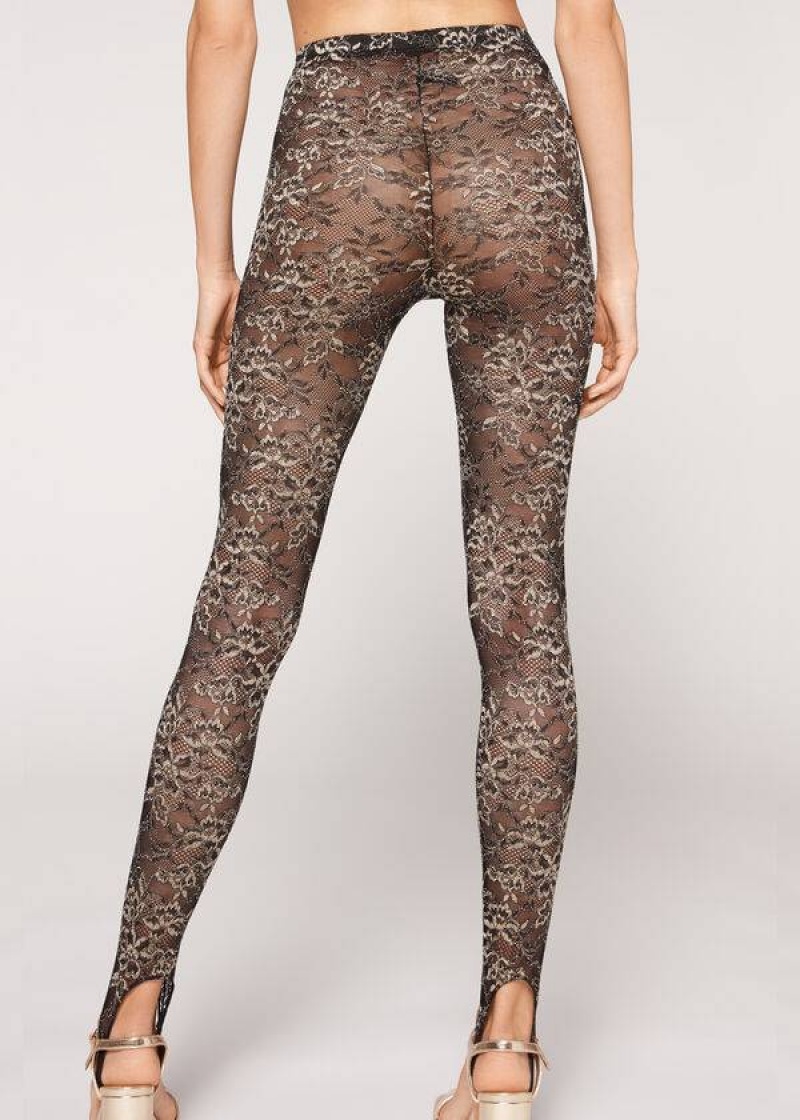 Calzedonia Glitter Lace Stirrup Women's Leggings Brown / Black | CA 1536TV