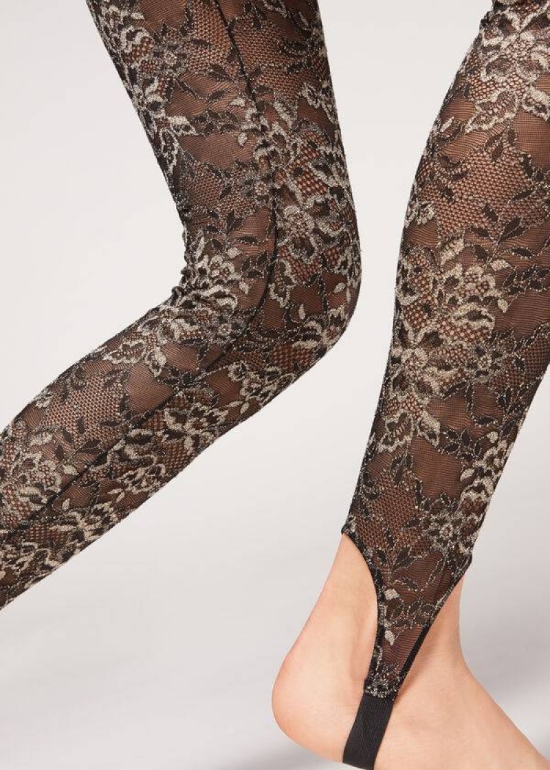 Calzedonia Glitter Lace Stirrup Women's Leggings Brown / Black | CA 1536TV