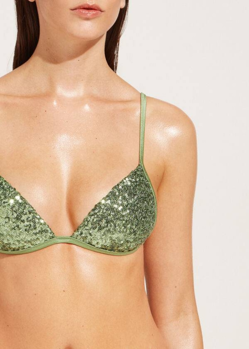 Calzedonia Graduated Padded Triangle Cannes Women's Bikini Tops Green | CA 2459VD