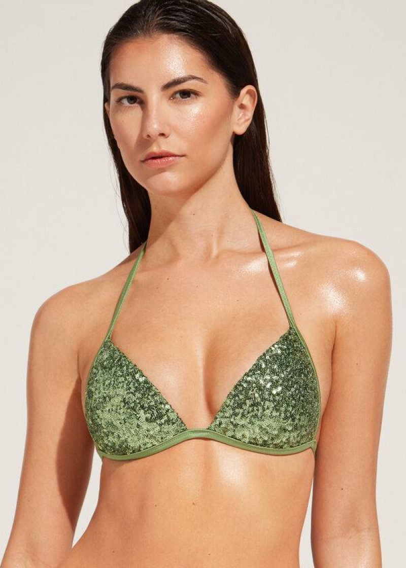 Calzedonia Graduated Padded Triangle Cannes Women\'s Bikini Tops Green | CA 2459VD