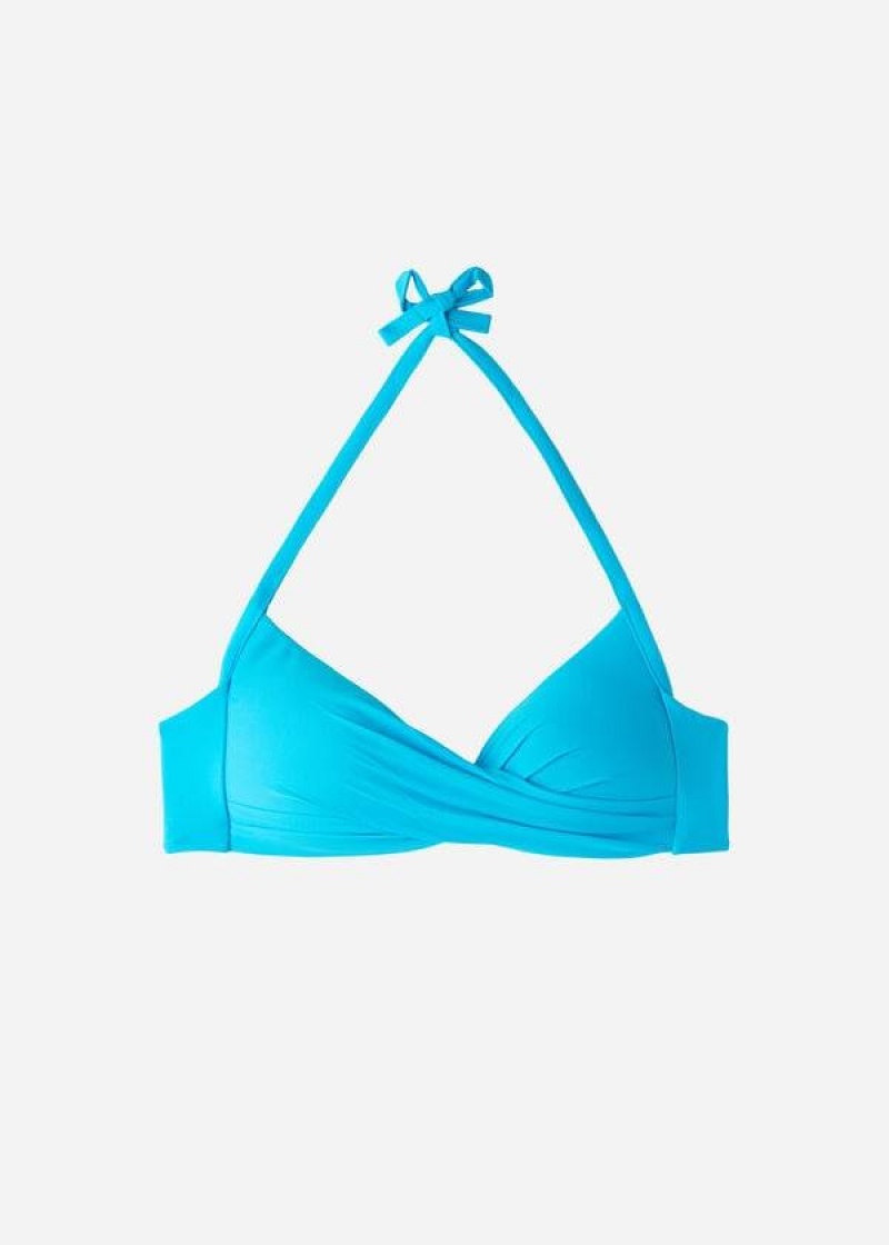 Calzedonia Graduated Soft Crisscross Padded Triangle Indonesia Women's Bikini Tops Turquoise | CA 2433VD