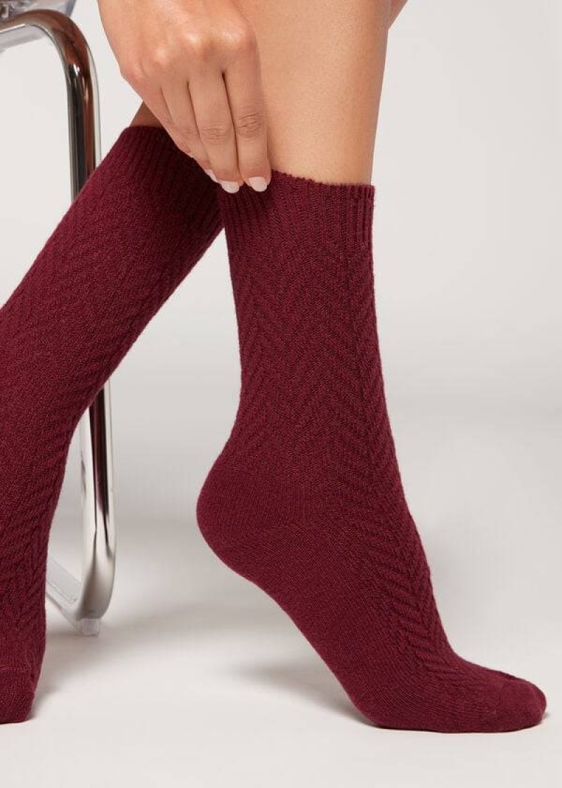 Calzedonia Herringbone Cashmere Short Women\'s Socks Burgundy | CA 1747IS