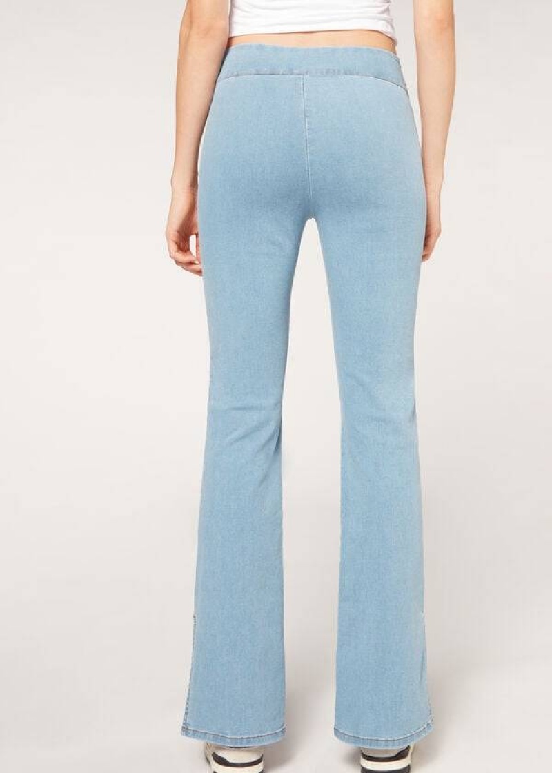 Calzedonia High-Waist Flared in Denim with Slits Women's Jeans Blue | CA 1592OR