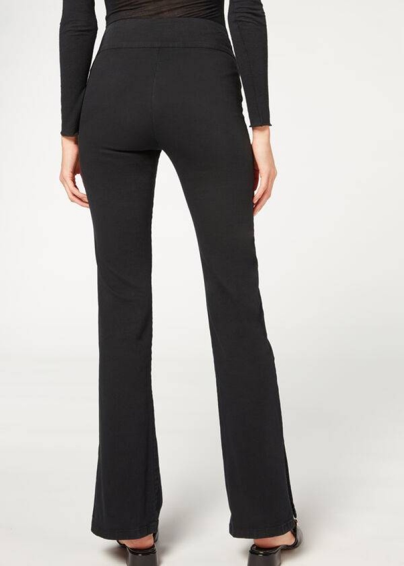 Calzedonia High-Waist Flared in Denim with Slits Women's Leggings Black | CA 1532QZ