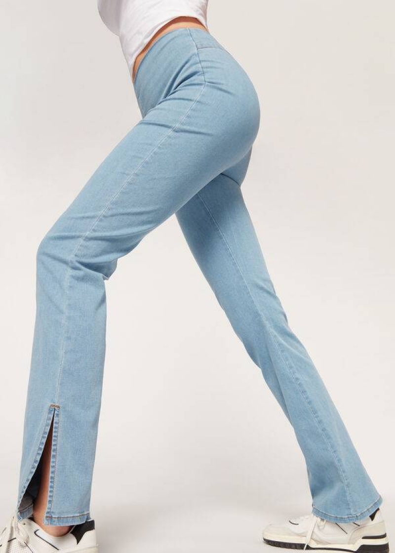 Calzedonia High-Waist Flared in Denim with Slits Women's Leggings Blue | CA 1531MA