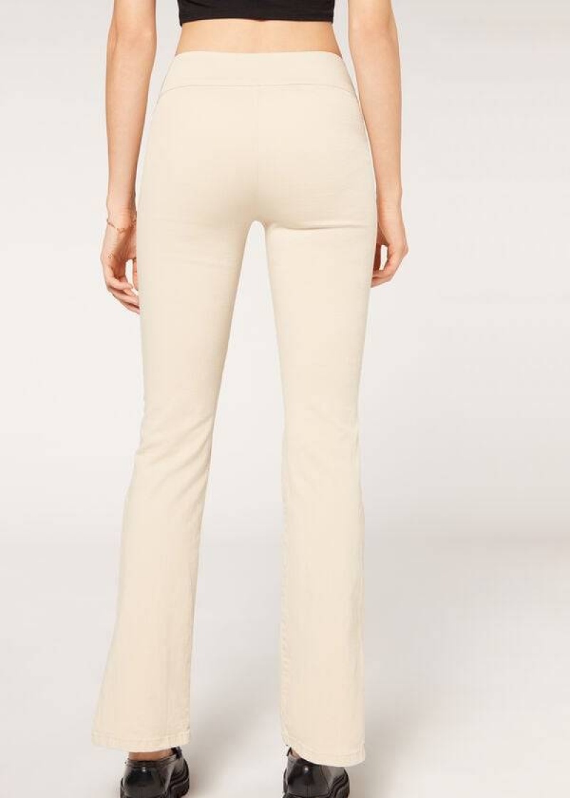 Calzedonia High-Waist Flared in Denim with Slits Women's Leggings Brown / Beige | CA 1530NB