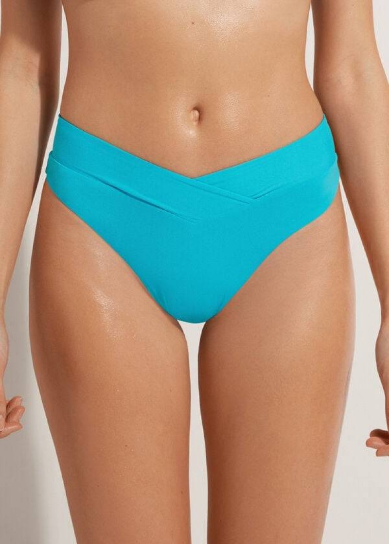 Calzedonia High-Waist V-Cut Brazilian Indonesia Women\'s Bikini Bottoms Turquoise | CA 2727QZ