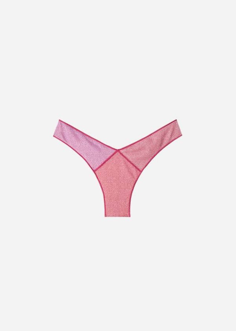 Calzedonia High Cut Brazilian Lamé Lisbona Women's Bikini Bottoms Pink | CA 2799MA