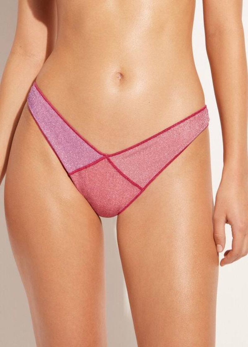 Calzedonia High Cut Brazilian Lamé Lisbona Women\'s Bikini Bottoms Pink | CA 2799MA