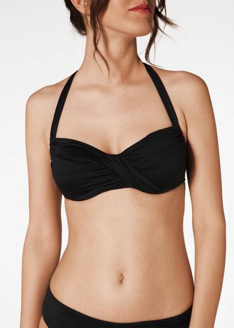 Calzedonia Indonesia C-Cup Balconette Drawstring Women's Bikini Tops Black | CA 2420PQ