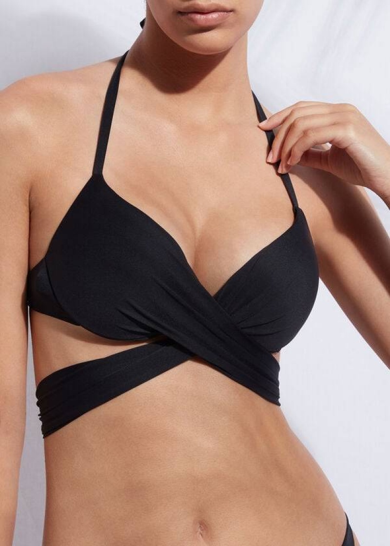 Calzedonia Indonesia Push Up Criss-Cross Straps Women's Bikini Tops Black | CA 2417DN