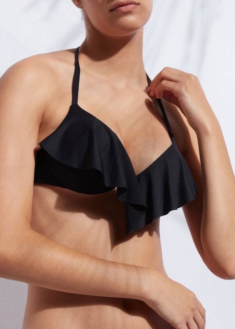 Calzedonia Indonesia Ultra Push Up Ruffle Women's Bikini Tops Black | CA 2415GL