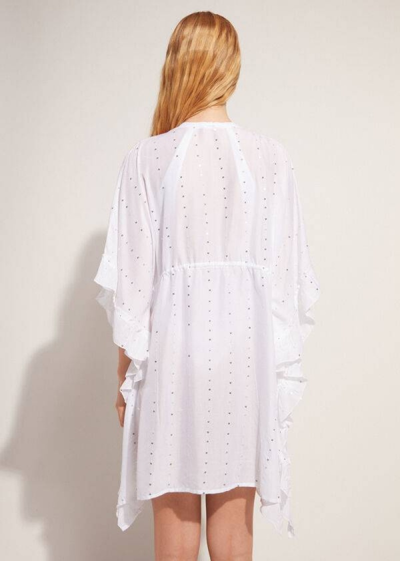 Calzedonia Kimono Caftan with Sangallo Lace and Sequins Women's Cover Ups White | CA 2106EX