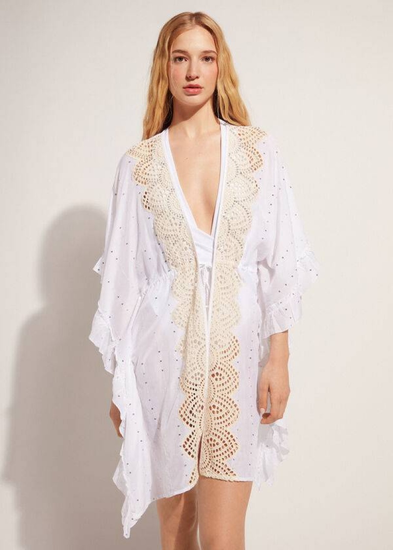 Calzedonia Kimono Caftan with Sangallo Lace and Sequins Women\'s Cover Ups White | CA 2106EX