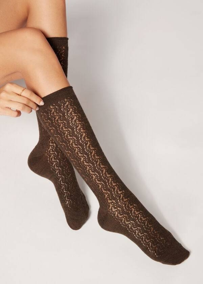 Calzedonia Knee High with Open Knit Wool Long Women\'s Socks Brown | CA 1949WY