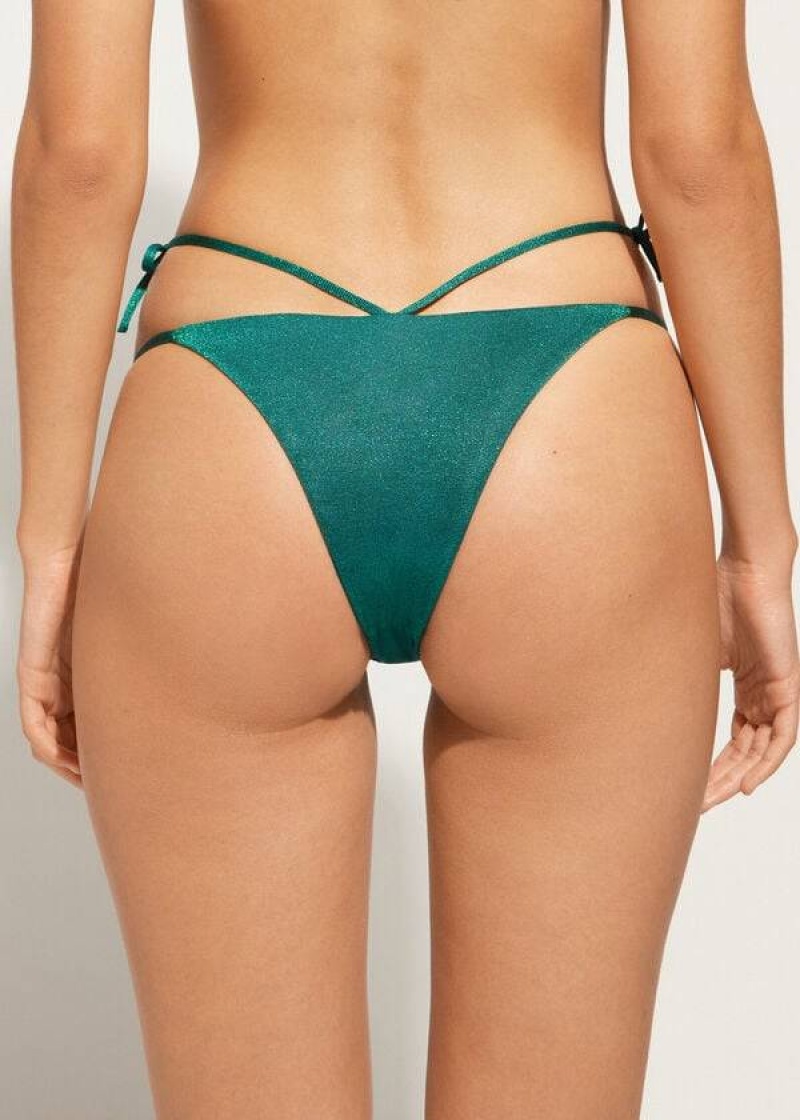 Calzedonia Lamé Brazilian Side String Hollywood Women's Bikini Bottoms Green | CA 2705TV