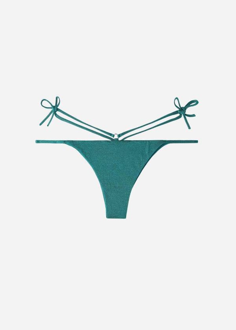 Calzedonia Lamé Brazilian Side String Hollywood Women's Bikini Bottoms Green | CA 2705TV