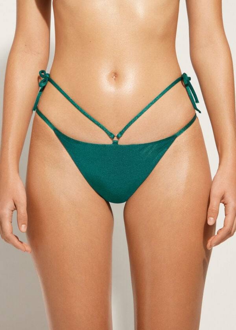 Calzedonia Lamé Brazilian Side String Hollywood Women\'s Bikini Bottoms Green | CA 2705TV