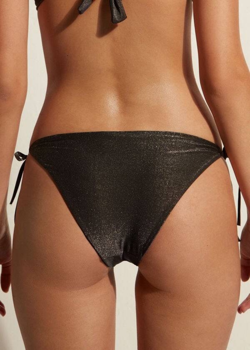 Calzedonia Lamé String Hollywood Women's Bikini Bottoms Black | CA 2701OR