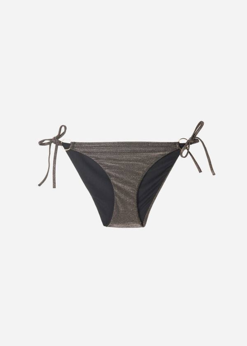 Calzedonia Lamé String Hollywood Women's Bikini Bottoms Black | CA 2701OR